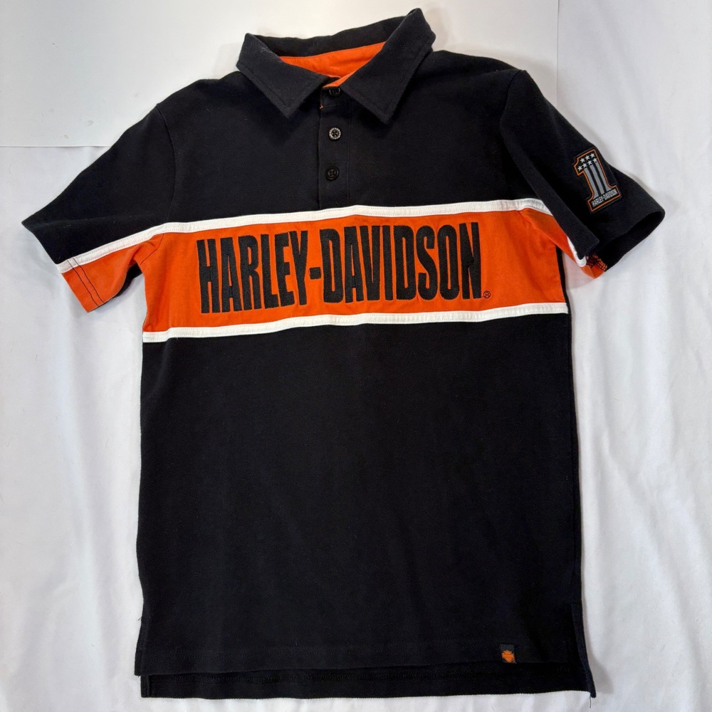Harley-Davidson Kids Polo Shirt Black Orange Colorblock Logo Size‎ 8/10 1090561